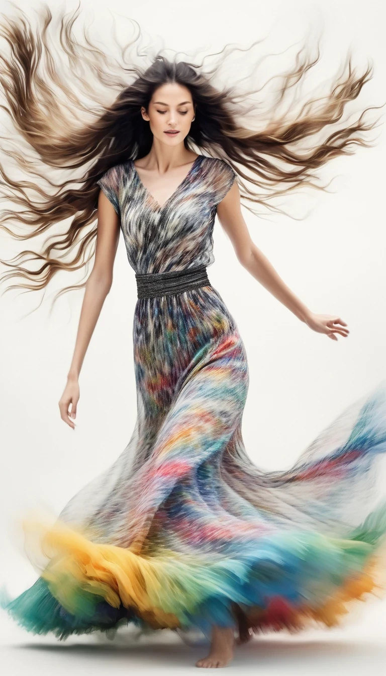 （Motion blurred），Black and white close up, white background, a woman in an intricate colorful dress with translucent stinging air particles on the hem, professional fashion photography, super macro, super detailed texture of long wavy hair, poster style, minimalist ::1, tilt-shift of hands and face, Nikon, Hasselblad, Canon, Fuji, 16K