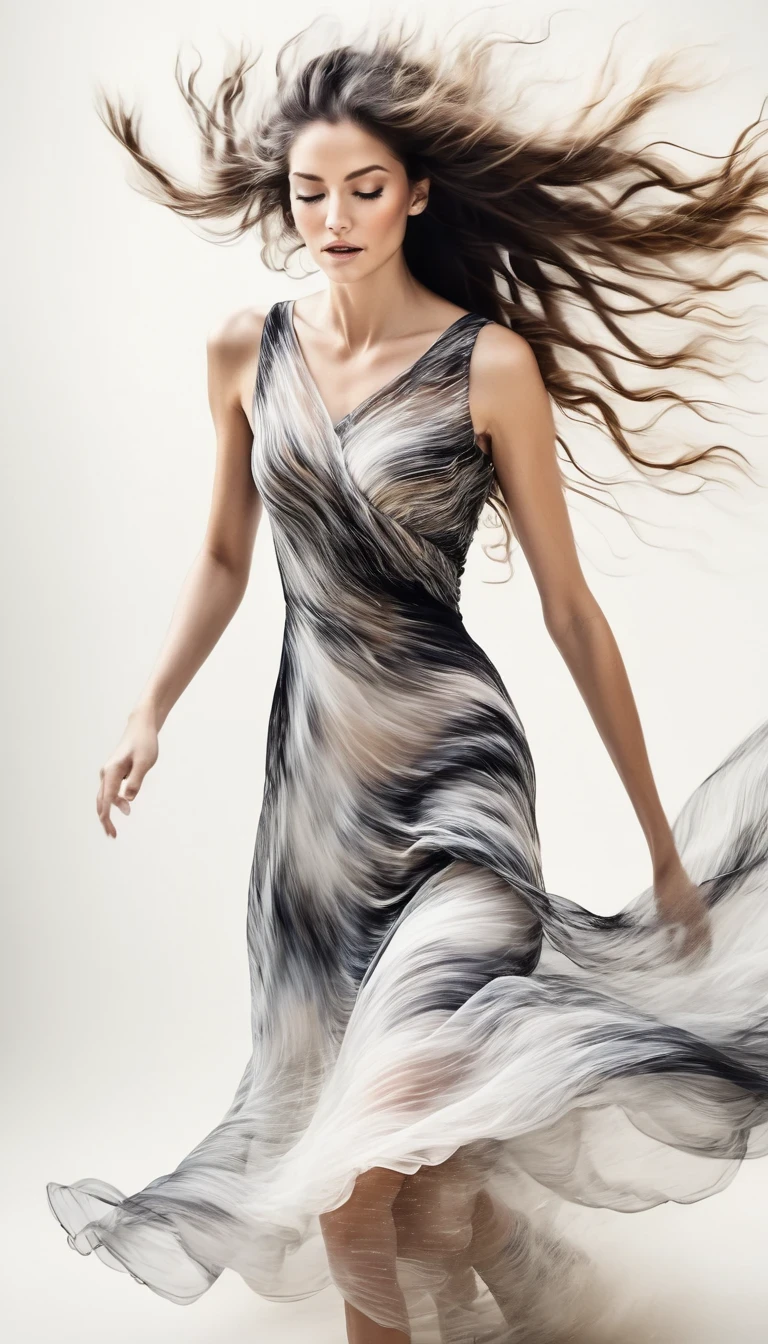 （Motion blurred），Black and white close up, white background, a woman in an intricate colorful dress with translucent stinging air particles on the hem, professional fashion photography, super macro, super detailed texture of long wavy hair, poster style, minimalist ::1, tilt-shift of hands and face, Nikon, Hasselblad, Canon, Fuji, 16K