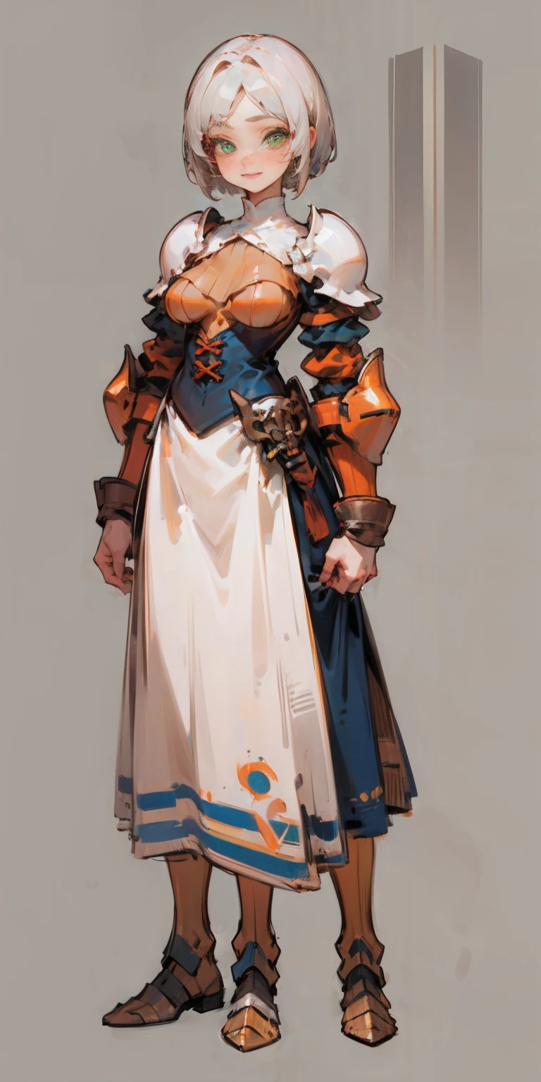 hands on sides, (masterpiece), ultra-detailed, 1girl, detailed eyes, medium breasts, gray background, (full body), green eyes, gray background, full plate armor, confident smile, staring at the viewer, silver white hair, short bob style hair, standing