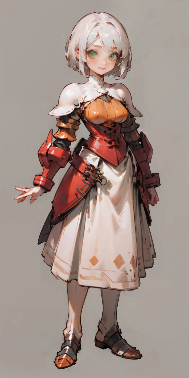 hands on sides, (masterpiece), ultra-detailed, 1girl, detailed eyes, medium breasts, gray background, (full body), green eyes, gray background, full plate armor, confident smile, staring at the viewer, silver white hair, short bob style hair, standing
