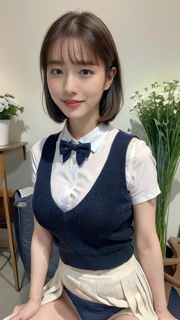 (masterpiece:1.2, highest quality), (realistic, photorealistic:1.4), beautiful illustrations, (natural side lighting, movie lighting), Depth of written boundary, 
looking at the viewer, Front view, 1 girl, English, high school girl, 18 years old, perfect face, Cute symmetrical face, shiny skin, open legs,
(bob hair:1.7,blonde), asymmetrical bangs, Big eyes, droopy eyes, long eyelashes chest), thin, 
beautiful hair, beautiful face, fine and beautiful eyes, beautiful clavicle, beautiful body, beautiful breasts, beautiful thighs, beautiful feet, beautiful fingers, 
((fine fabric texture, brown knit vest, short sleeve white collar shirt, navy pleated skirt, Navy bow tie)), 
(beautiful scenery), evening, (Inside the flower shop), Are standing, (smile, Upper grade, open your mouth),  (((skirt lift, panties, genitals visible))), full body shot, dark blue socks,
