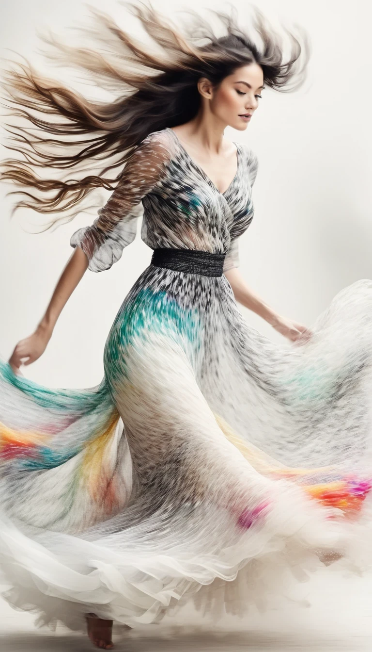 Motion blur Black and white close up, white background, a woman in an intricate colorful dress with translucent stinging air particles on the hem, professional fashion photography, super macro, super detailed texture of long wavy hair, poster style, minimalist ::1, tilt-shift of hands and face, Nikon, Hasselblad, Canon, Fuji, 16K