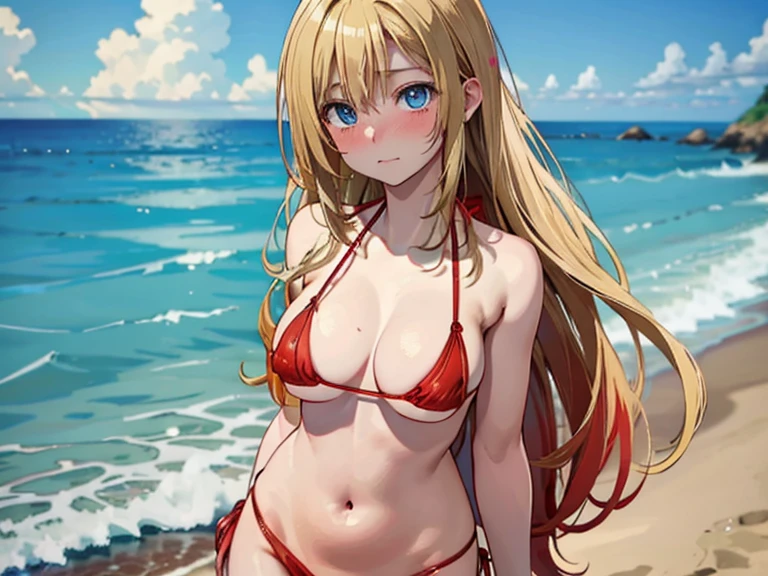 (Masterpiece:1.5)、16k、20-year-old female、(Blonde:1.5)、Long Hair、Ocean、I&#39;m on the beach、Facing forward、(Red micro bikini:1.8)、(A red-cheeked, embarrassed expression:1.5)、Very delicate body、Very delicate face、Eye color: blue、(Very delicate eyes:1.4)、Realistic skin texture、Photorealistic:1.3、Delicate background、Photograph up to the belly button