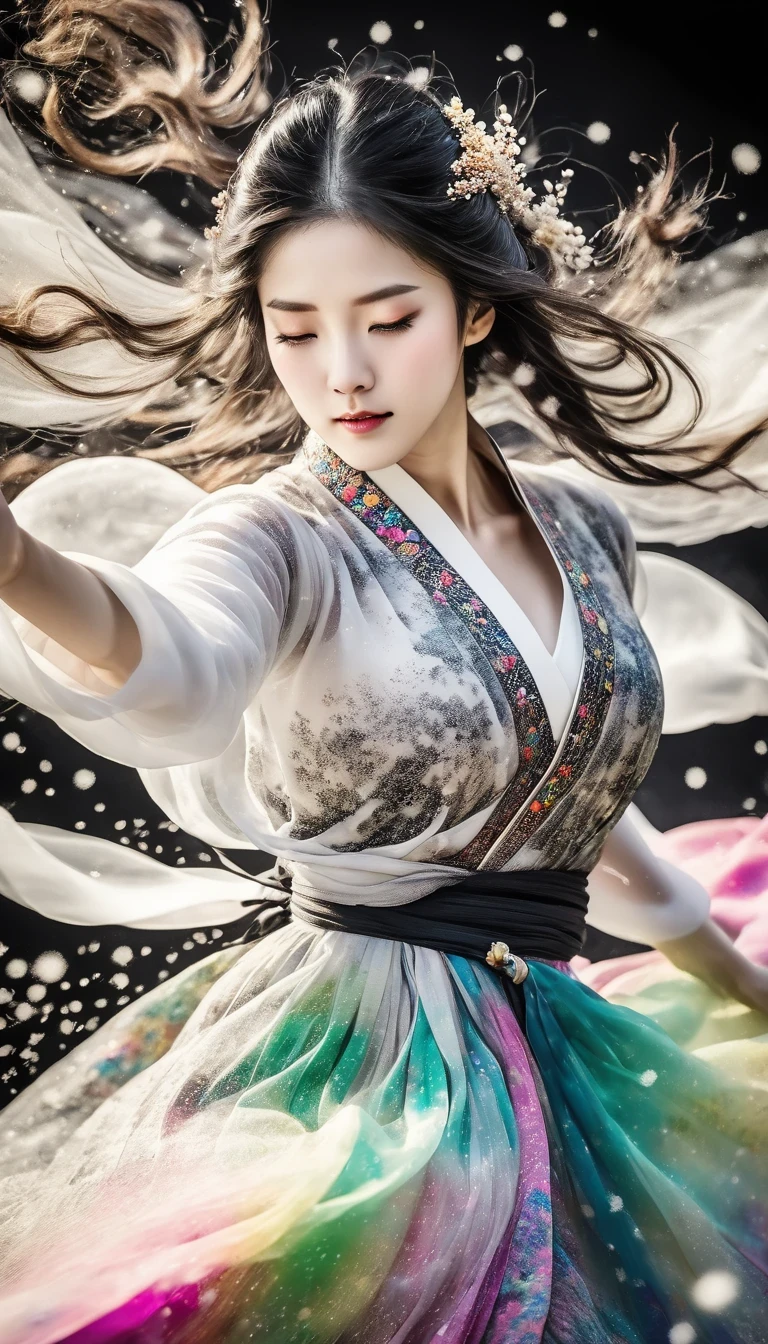 Motion blur, black and white close up, white background, a woman in an intricate and colorful hanbok dress with translucent stinging air particles on the hemline, professional fashion photography, super macro, super detailed texture of long wavy hair, poster style, minimalist ::1, tilt-shift of hands and face, Nikon, Hasselblad, Canon, Fuji, 16K
