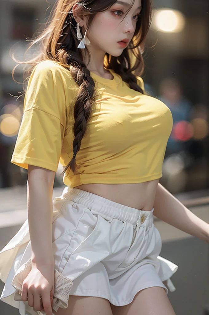 1 girl, BREAK cowboy shot, (soft focus:1.5) on the Foreground, (Bokeh-filled Foreground:1.2), Shallow Depth of Field, Delicate Blur, Subtle Transitions, Depth and Atmosphere, masterpiece,ultra realistic,32k,extremely detailed CG unity 8k wallpaper, best quality, BREAK blonde hair,
BREAK (yellow t-shirt:1.4), (Pikachu crop top), (large breasts:1.4), BREAK (white skirt:1.2)