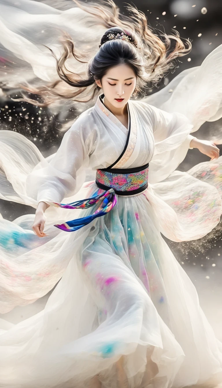 Motion blur, black and white close up, white background, a woman in an intricate and colorful hanbok dress with translucent stinging air particles on the hemline, professional fashion photography, super macro, super detailed texture of long wavy hair, poster style, minimalist ::1, tilt-shift of hands and face, Nikon, Hasselblad, Canon, Fuji, 16K
