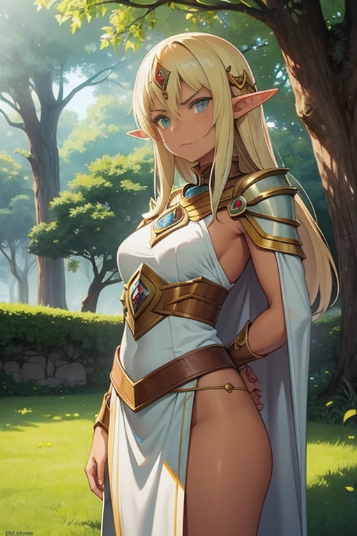 Tan skin, elf, sacred armor, glaring at viewer, Yggdrasil guardian, yggdrasil tree In the background,