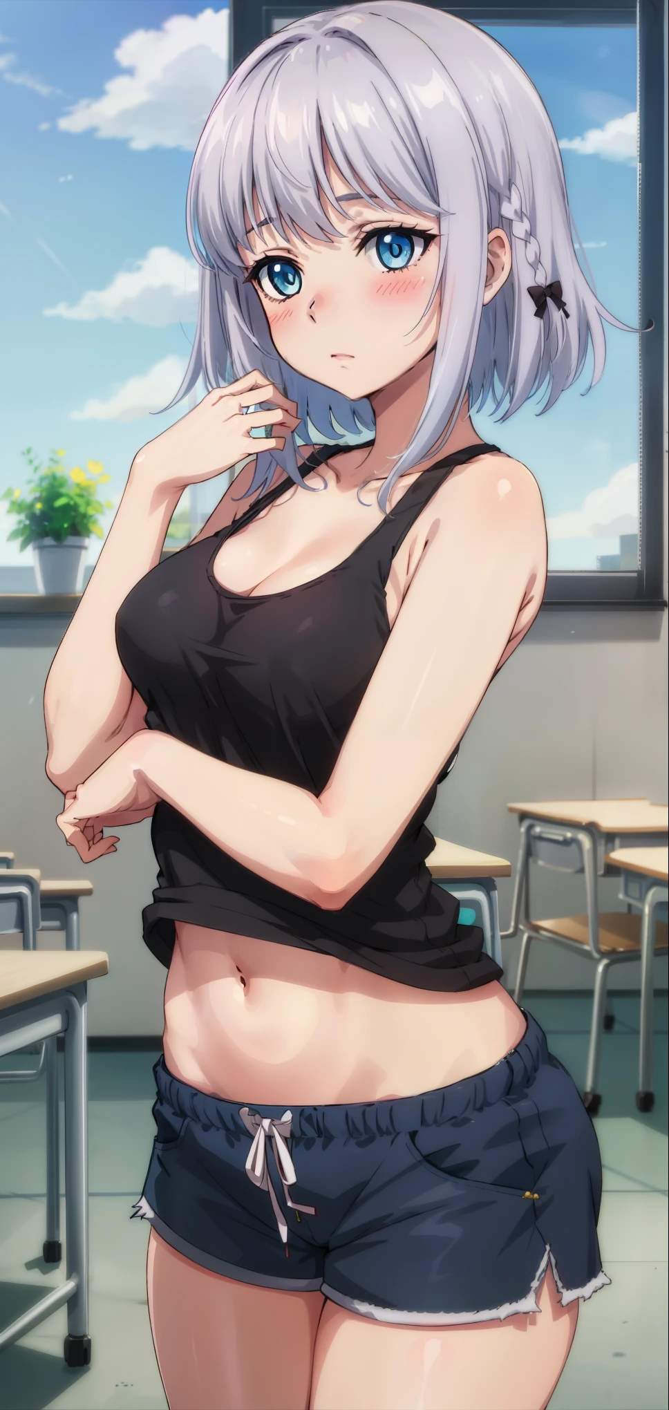 1 girl, kanon kanase,  , blush, medium breasts, sleeveless, classroom, cowboy shot, cropped tank top, navel, shorts 