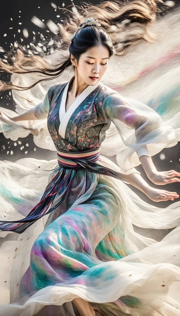 Motion blur, black and white close up, white background, a woman in an intricate and colorful hanbok dress, spinning frantically, translucent stinging air particles on the hem of the dress, professional fashion photography, super macro, unusually rich and super detailed texture of long wavy hair, poster style, minimalist ::1, tilt shift of hands and face, Nikon, Hasselblad, Canon, Fuji, 16K
