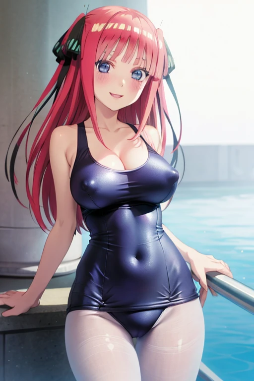 best quality, ultra-detailed masterpiece, anime art style, cute characters, nino nakano, one-piece swimsuit, large breasts, pantyhose, blush, smile, nipple