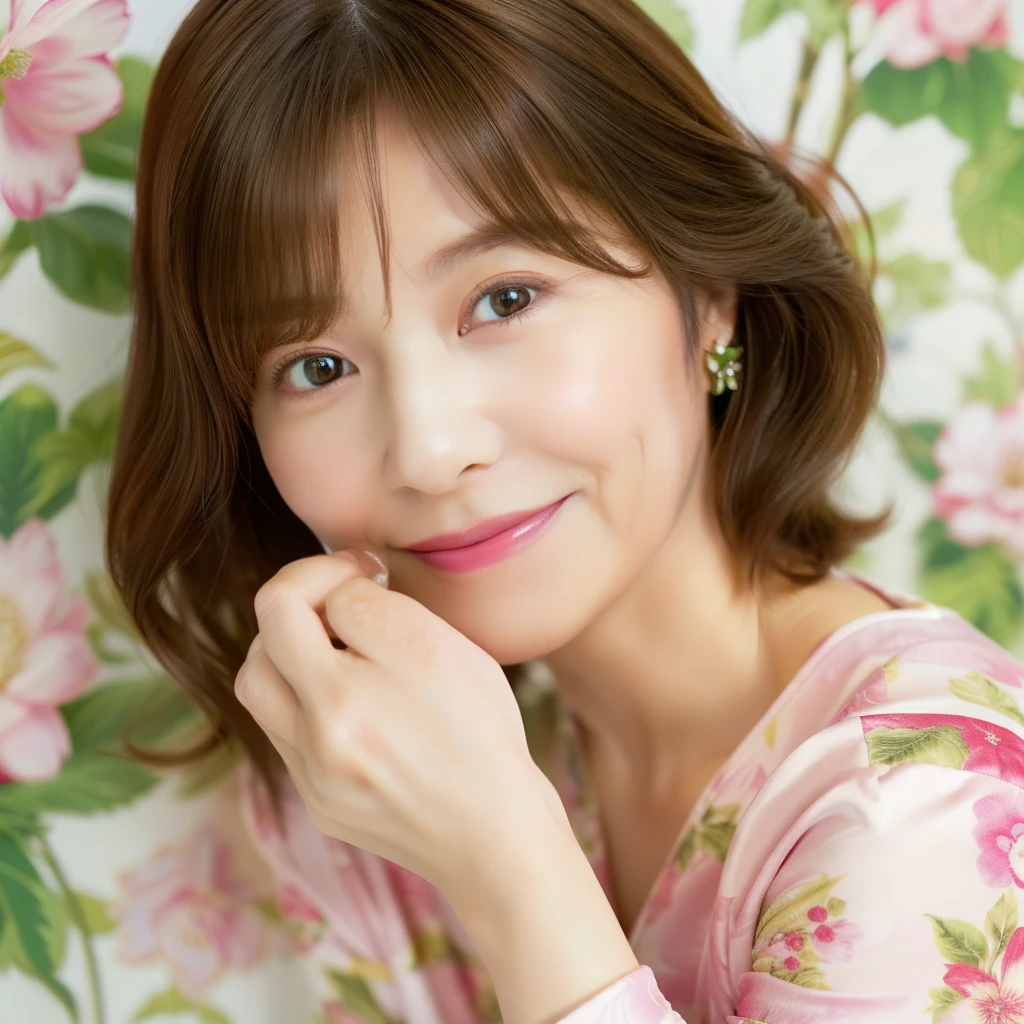 Upper Body myself woman 45 years old Shortcuts、((brown hair)、short hair beautiful hair shiny hair Japan( sharpen ), (Purelos Face_v1:0.7), (8K, highest quality), unconscious, Open Eyes, Big, perfect hands, Detailed Finger, wedding ring, High resolution, original, (Flat Color:0.9),(Colorful:1.1),(masterpiece:1,2), highest quality, masterpiece, High resolution, original, Highly detailed wallpaper, Viewer Perspective, alone, Portrait, Mature Woman Body Set, A slight smile, While staring at this, Green and pink floral background,Natural wrinkles, Wrinkles around the eyes, Surreal, Natural Skin, Natural Hair Color, Bright red lips