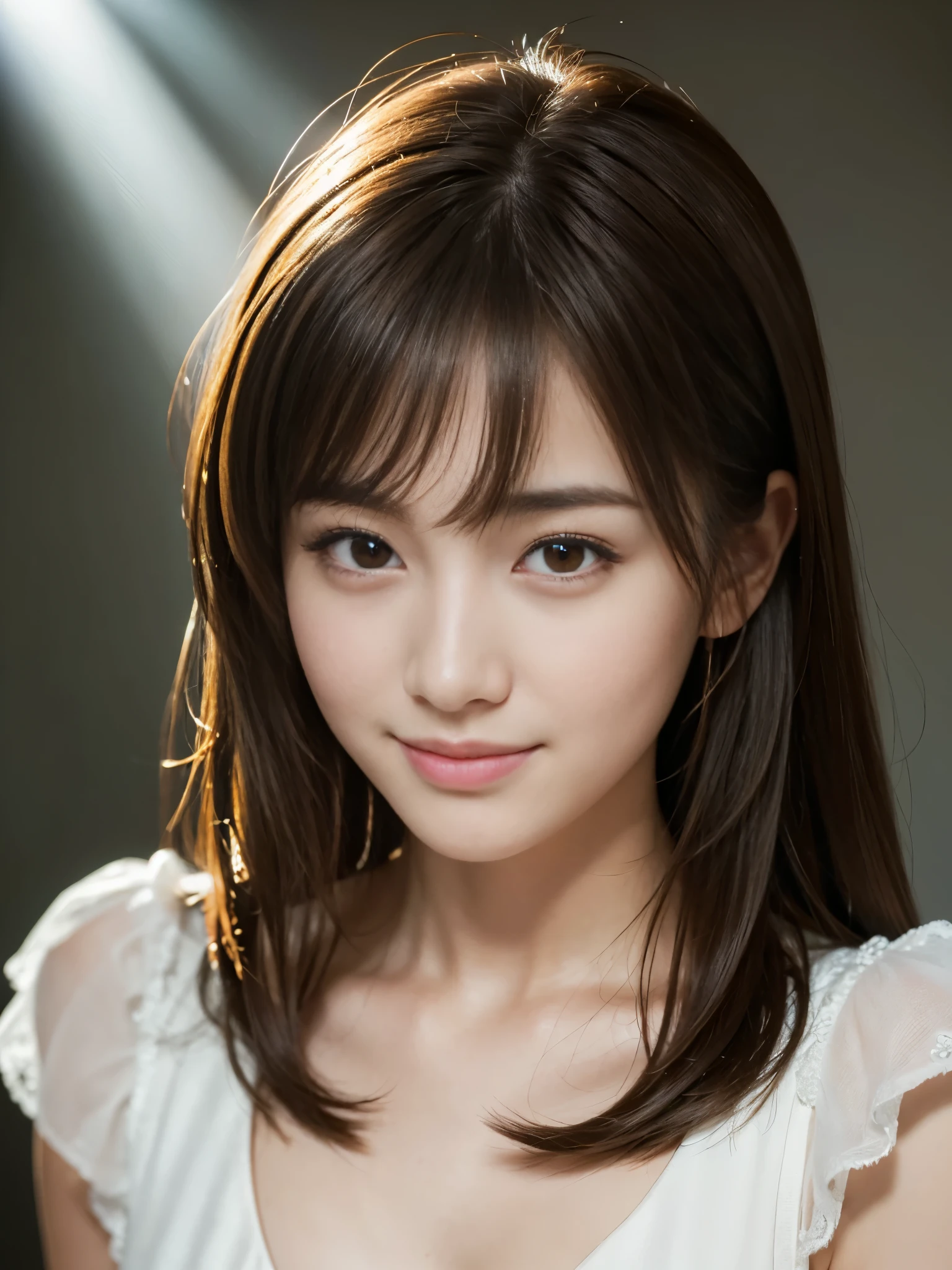 (highest quality,8K quality,masterpiece:1.3),(ultra high resolution,photorealistic:1.4,Live shooting),(Super detailed,caustics),(ultra-realistic capture,Beautifully detailed skin),19-year-old,beautiful Japanese, medium hair, messy hair, asymmetrical bangs, brown hair, Smiling and looking at the camera,soft light,A ray of light shining from above,Natural light,