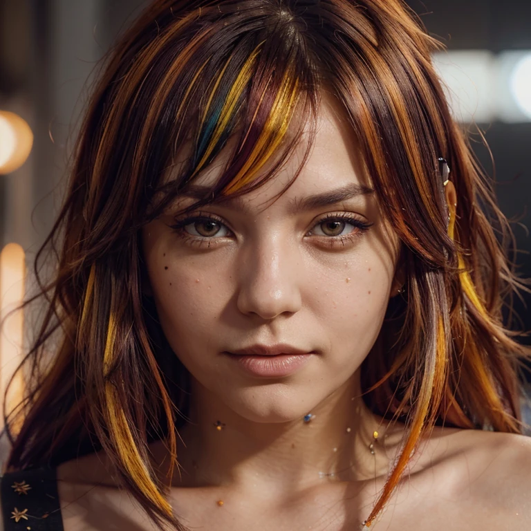 multicolored hair, gradient hair, carrot hair ornament, mole under eye, amber eyes, high detail, Verism, Hyperrealism, Contemporary art, cinematic lighting, sparkle, wide shot, f/1.2, best quality, award winning, 8k, super detail, UHD