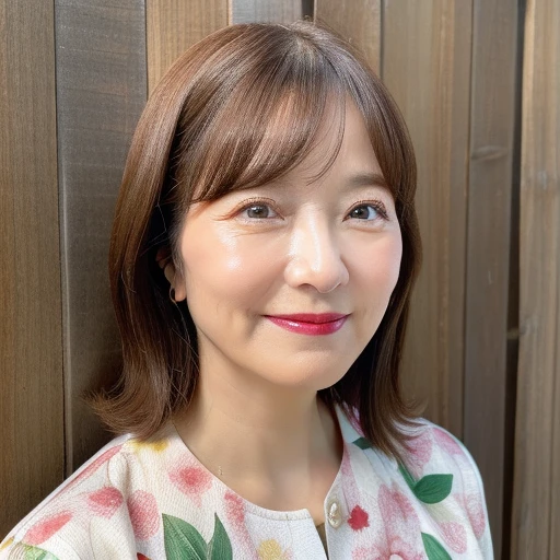 Upper Body myself woman 45 years old Shortcuts、((brown hair)、short hair beautiful hair shiny hair Japan( sharpen ), (Purelos Face_v1:0.7), (8K, highest quality), unconscious, Open Eyes,High resolution, original, (Flat Color:0.9),(Colorful:1.1),(masterpiece:1,2), highest quality, masterpiece, High resolution, original, Highly detailed wallpaper, Viewer Perspective, alone, Portrait, Mature Woman Body Set, A slight smile, While staring at this, Green and pink floral background,Natural wrinkles, Wrinkles around the eyes, Surreal, Natural Skin, Natural Hair Color, Bright red lips