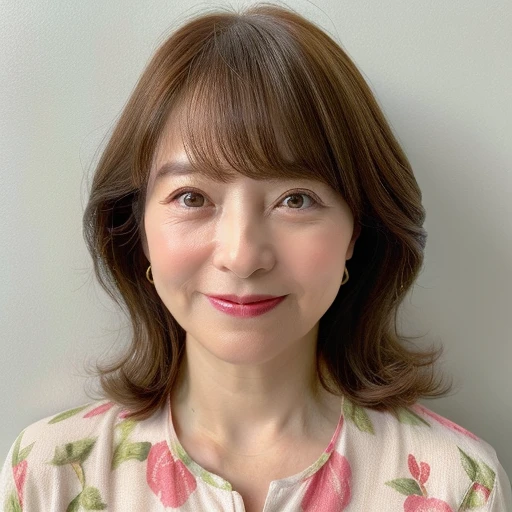 Upper Body myself woman 45 years old Shortcuts、((brown hair)、short hair beautiful hair shiny hair Japan( sharpen ), (Purelos Face_v1:0.7), (8K, highest quality), unconscious, Open Eyes,High resolution, original, (Flat Color:0.9),(Colorful:1.1),(masterpiece:1,2), highest quality, masterpiece, High resolution, original, Highly detailed wallpaper, Viewer Perspective, alone, Portrait, Mature Woman Body Set, A slight smile, While staring at this, Green and pink floral background,Natural wrinkles, Wrinkles around the eyes, Surreal, Natural Skin, Natural Hair Color, Bright red lips