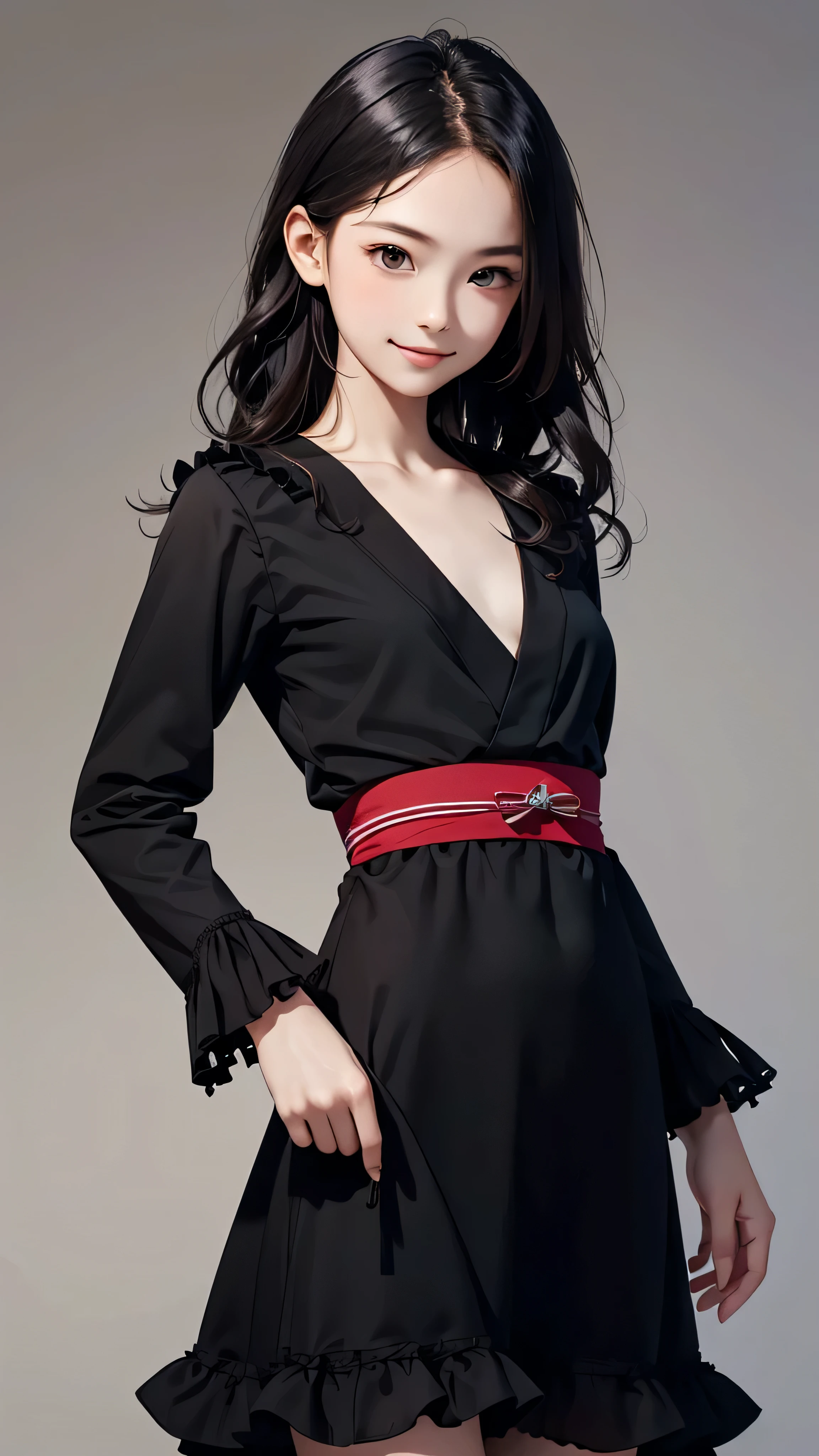 (((Masterpiece))), (High resolution), (1 beautiful Japanese girl), 11 years old, young, sharp eyes, hanging eyes, glaring, evil smile, forehead, flat breasts, (wavy long black hair :1.2), (Long loose black frilly dress:1.2), Long sleeves, no exposed skin, (plain background),