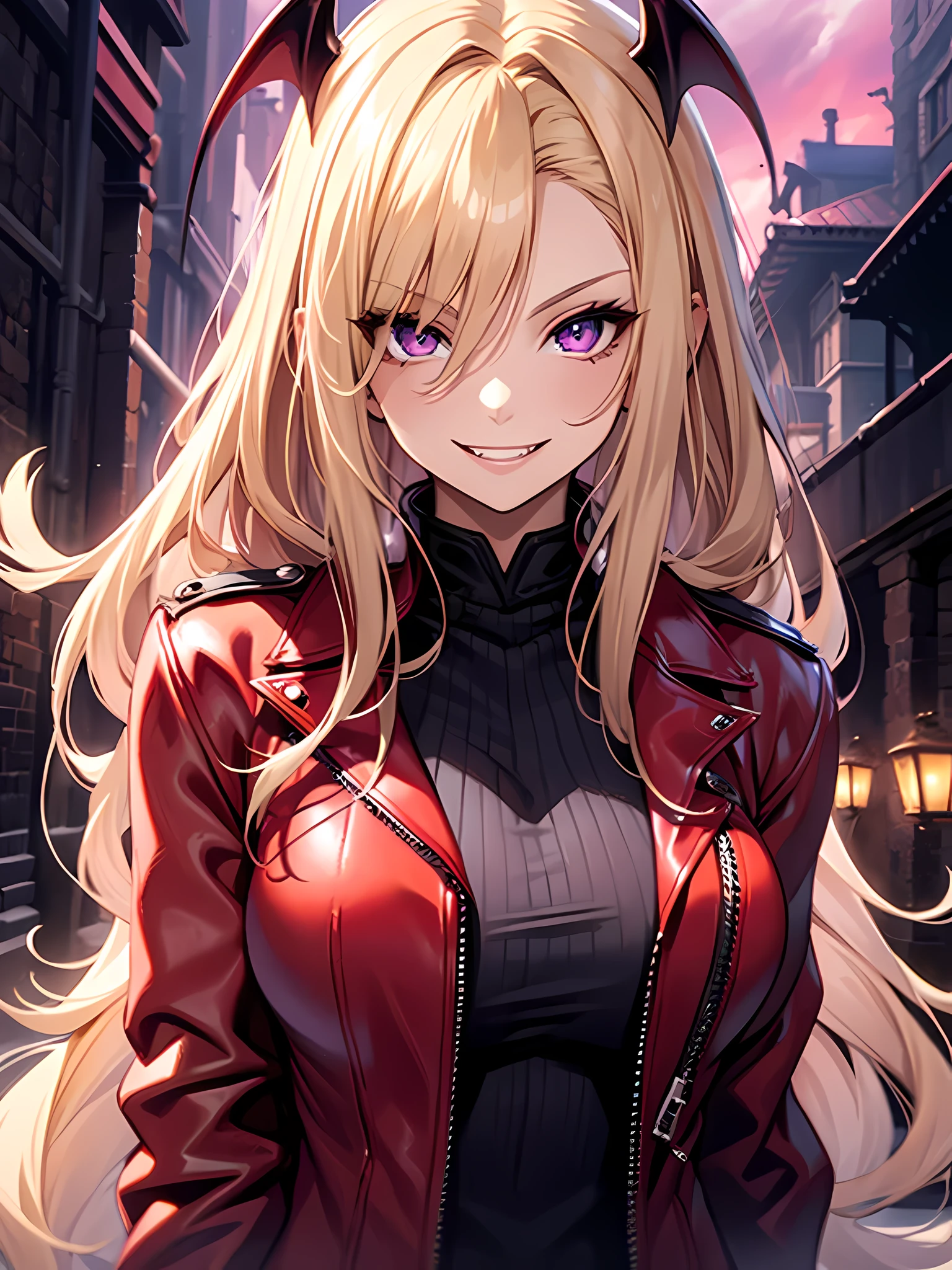 one vampire girl, purple eyes, red leather jacket, blond hair, perfect eyes, very long hair, smile, long vampire fangs, sexy pose, cute, demon wings on her back