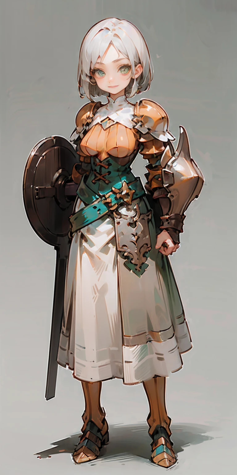 hands on sides, (masterpiece), ultra-detailed, 1girl, detailed eyes, medium breasts, gray background, (full body), green eyes, gray background, full plate armor, confident smile, staring at the viewer, silver white hair, short bob style hair, standing with a square spike shield