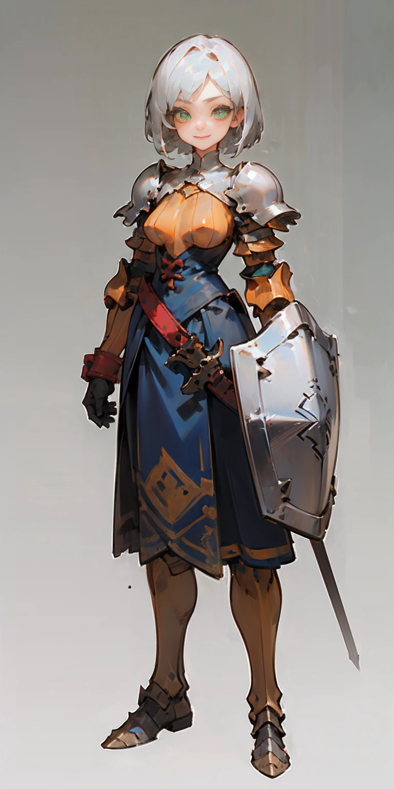hands on sides, (masterpiece), ultra-detailed, 1girl, detailed eyes, medium breasts, gray background, (full body), green eyes, gray background, full plate armor, confident smile, staring at the viewer, silver white hair, short bob style hair, standing with a square spike shield