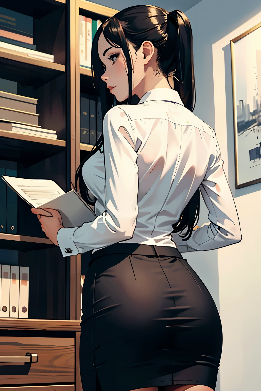 ((highest quality)), ((masterpiece)), (be familiar with), (High definition), (Real), 8K, Best Shadow, Side lighting, Cinematic、Low contrast、(Complex:1.4)、Office lady climbing up a stepladder、milf, business suit、Pencil Skirt、stockings、holding documents in hand、(Calf close-up:1.2)、(Back view)、hidden camera photos、View from below looking up at the rear、(Cabinet bookshelf in a bright office)