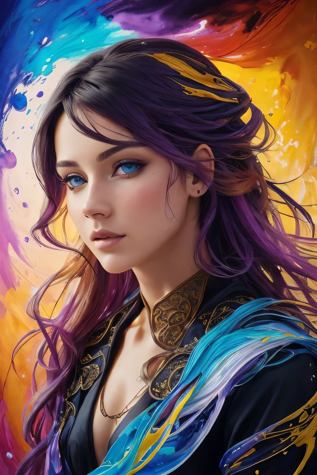 Colorful beautiful girl: a giru 18-years old, messy hair, oil painting, nice perfect face with soft skinice perfect face, blue yellow colors, light purple and violet additions, light red additions, intricate detail, splash screen, 8k resolution, masterpiece, cute face,artstation digital painting smooth veryBlack ink flow: 8k resolution photorealistic masterpiece: intricately detailed fluid gouache painting: by Jean Baptiste Mongue: calligraphy: acrylic: watercolor art, professional photography, natural lighting, volumetric lighting maximalist photoillustration: by marton bobzert:, complex, elegant, expansive, fantastical, wavy hair, vibrant, Best quality details, realistic, High definition, High quality texture, epic lighting, Cinematic film still, 8k, soft lighting, anime style, masterful playing card border, random Colorful art, oil painting, blue yellow colors, light purple and violet additions, light red additions, intricate detail, splash screen, 8k resolution, masterpiece, artstation digital painting smooth veryBlack ink flow: 8k resolution photorealistic masterpiece: intricately detailed fluid gouache painting: by Jean Baptiste Mongue: calligraphy: acrylic: watercolor art, professional photography, natural lighting, volumetric lighting maximalist photoillustration: by marton bobzert:, complex, elegant, expansive, fantastical, vibrant