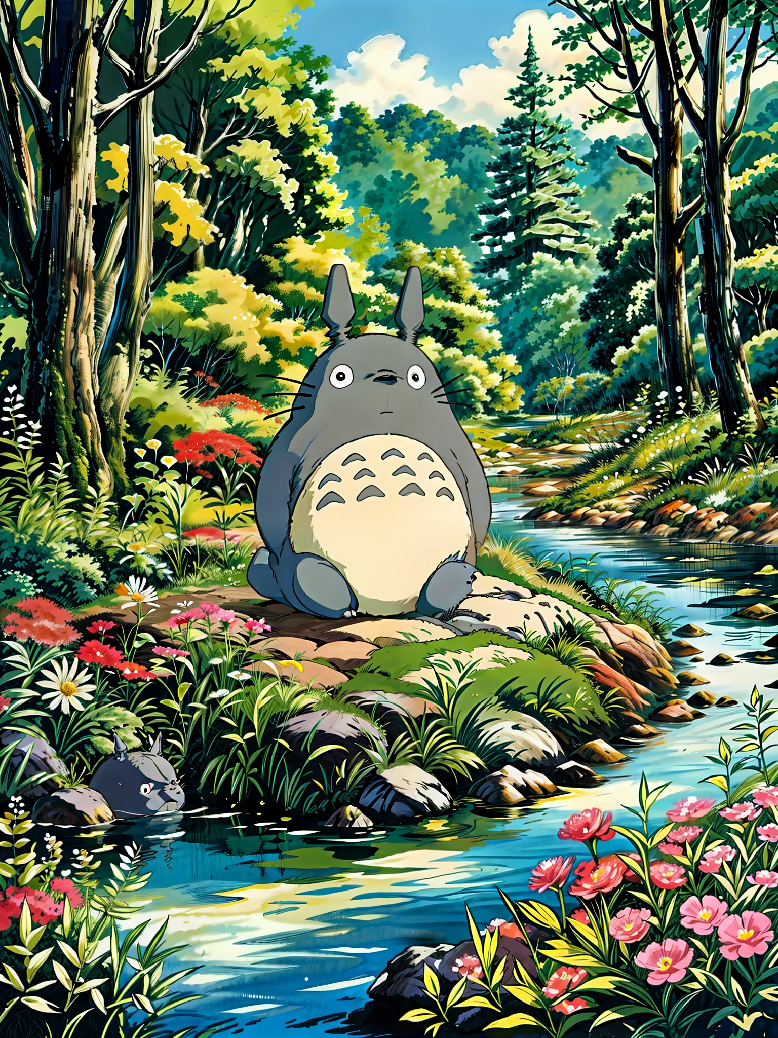 a painting of a totoro sitting near the river, flowers, multicolored flowers, my neighbor totoro, totoro from my neighbor totoro, hayao miyazaki\'s movies, onstudio ghibli, ghibli studio style, of totoro, style of studio ghibli, moody :: studio ghibli, totoro sitting in a forest, studio ghibli filter, totoro, cinematic studio ghibli still