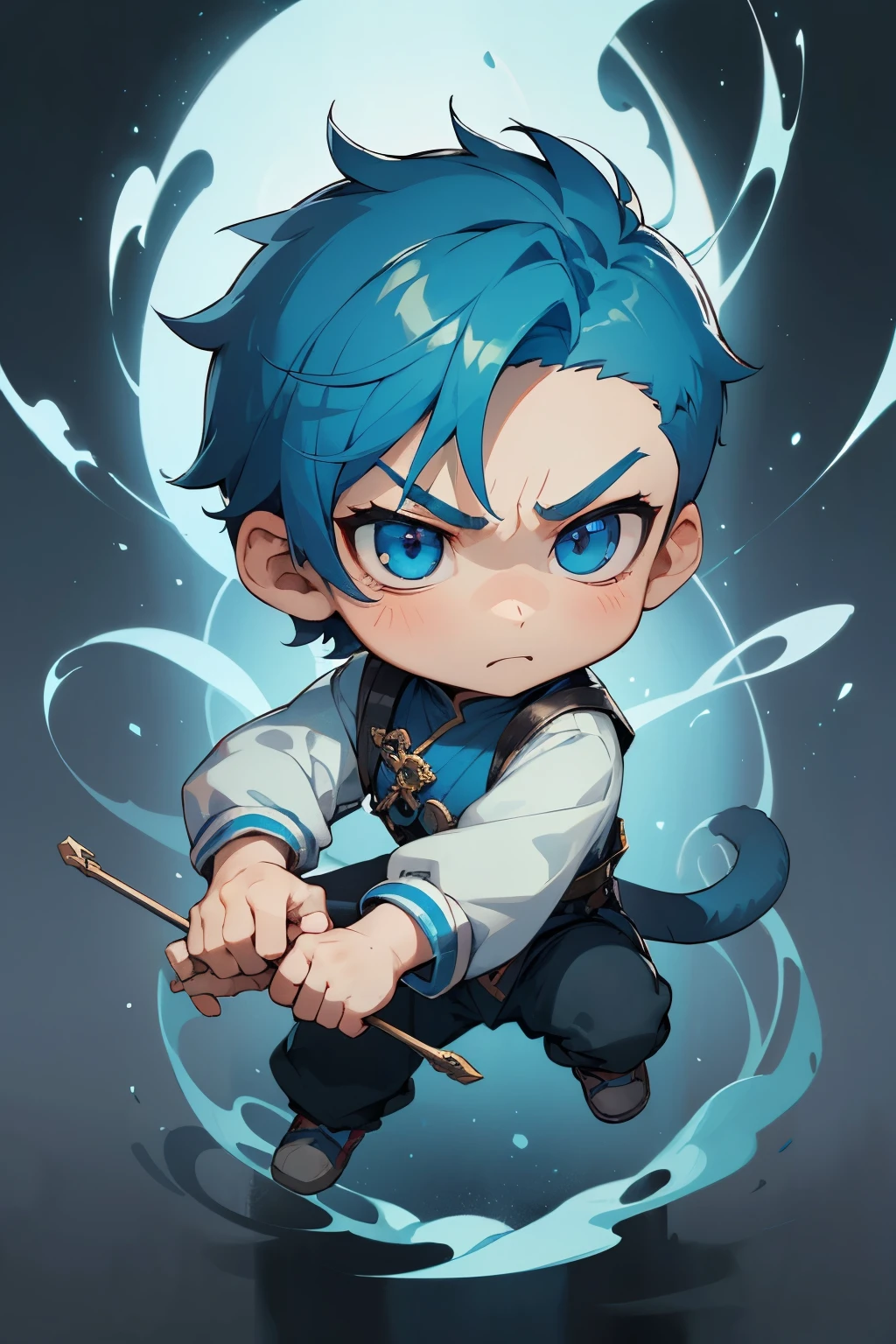 boy, full body, cartoon style, chibi style, cute, monkey tail, beautiful face, angry face, blue color eye, beautiful eye, high detailed pupil, double eyeylid, high detailed skin, high quality skin, blue color hair, very short hair, crew cut, white clothes, masterpiece,