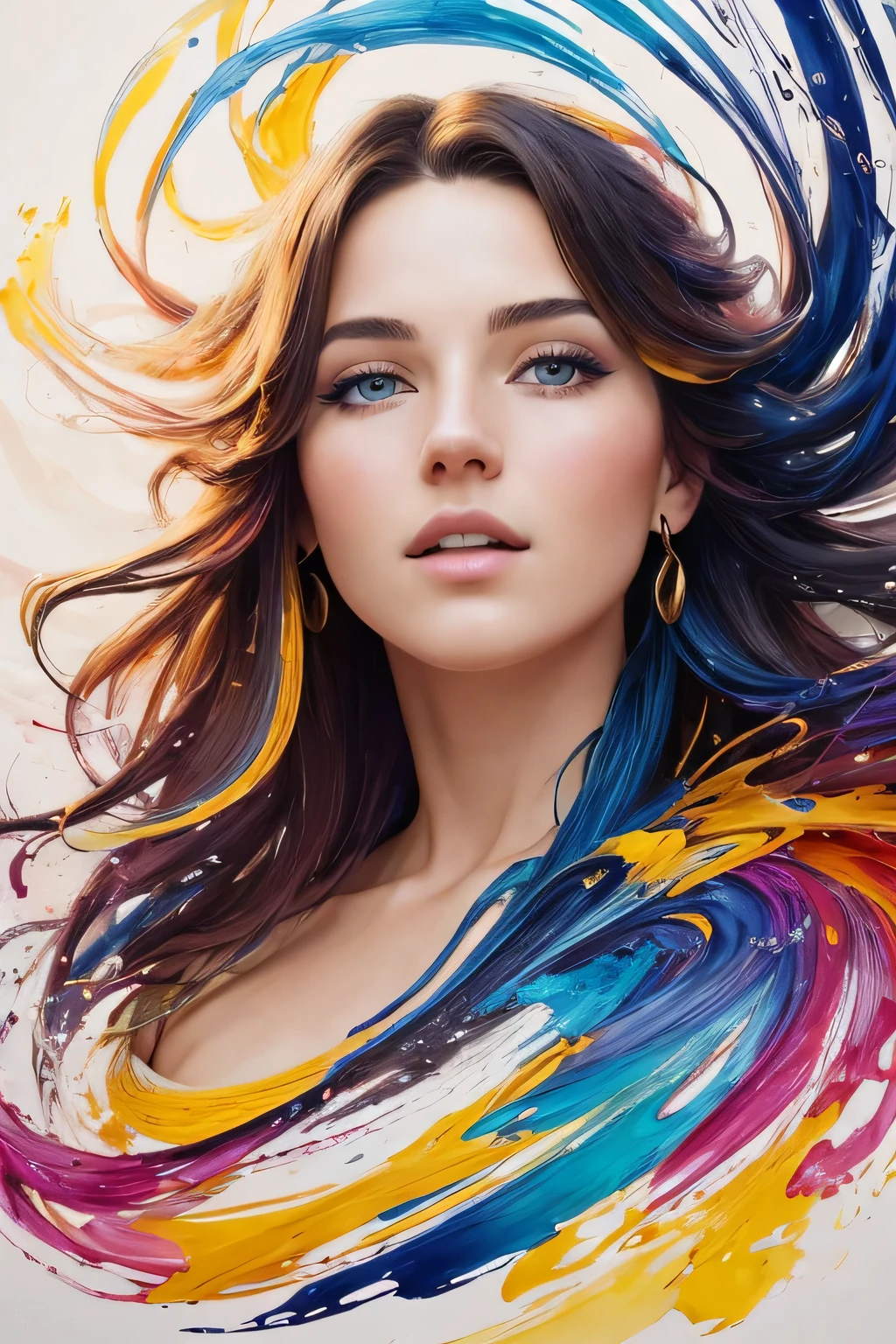 Beautiful nude woman fused with an unparalleled masterpiece abstract art background, her hair is rainbow colored and she looks very beautiful, high resolution, high quality, realistic, the best abstract painting ever, beautiful woman, digital painting, masterpiece, precise fingers, creative flow,