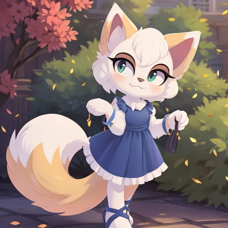 persian cat, white cat mobian, 1girl, fluffy hair, blue dress, fluffy tail