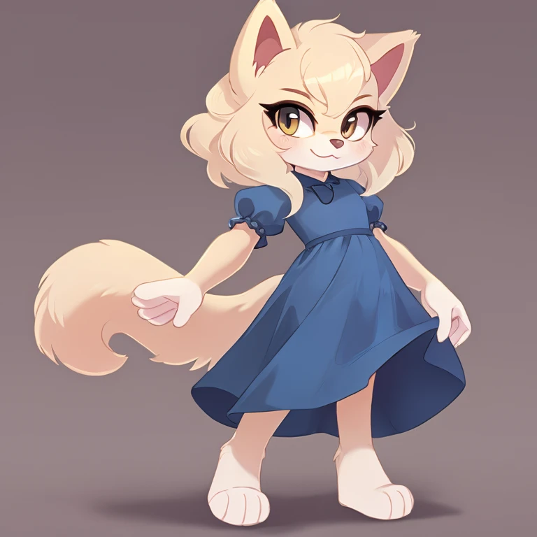 persian cat, white cat mobian, 1girl, fluffy hair, blue dress, fluffy tail