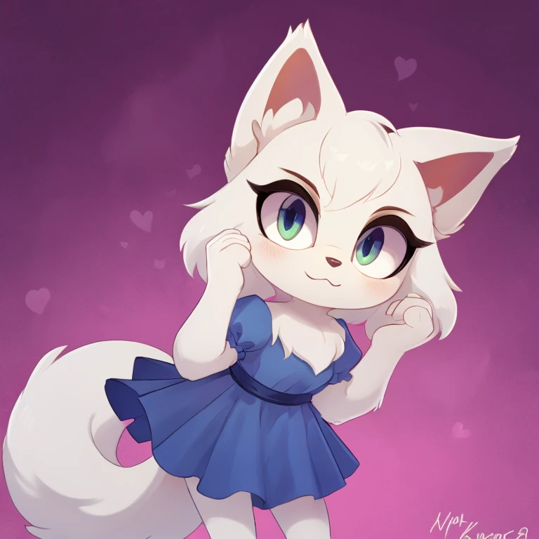 persian cat, white cat mobian, 1girl, fluffy hair, blue dress, fluffy tail