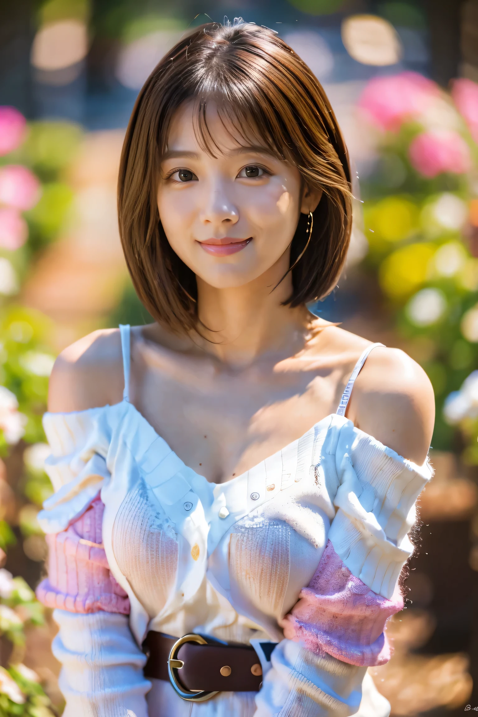 masterpiece, highest quality, Photorealistic, Very detailed, finely, High resolution, 8K Wallpaper, Professional, High level of detail, ((One 18 year old girl:1.2)), Slender Japanese women,cute lips, Detailed clavicle, Mid-chest、Perfect Face, (Cute short hair:1.5), Chestnut Hair、((Off the shoulder、pink、See-through、smile、boots、I can see your feet、belt、Big Breasts、View from the front、Stand with your feet apart、garden))、cute smile、Standing with hands on hips、