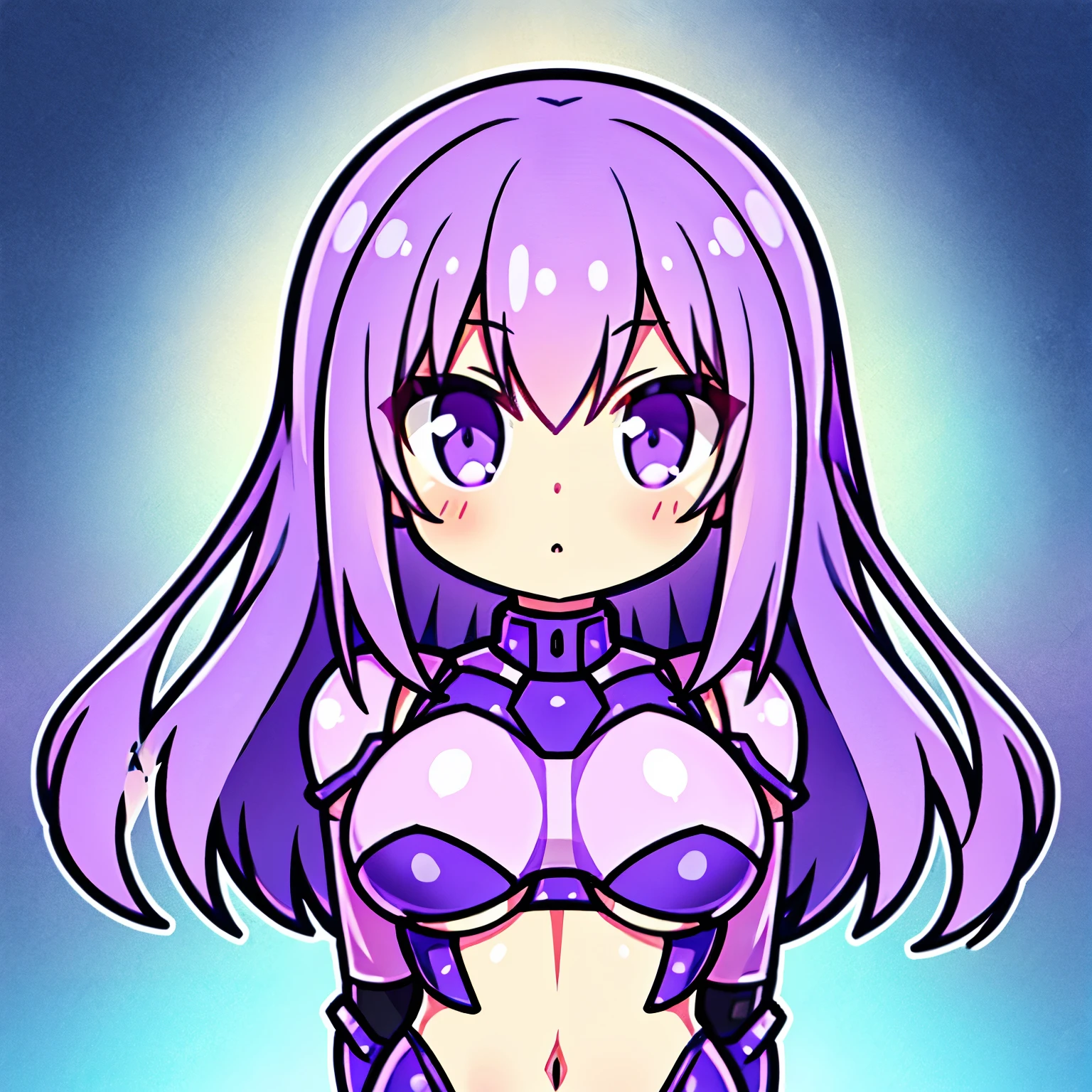 studio photography, good lighting,skimpy sci-fi armor, portrait shot, upper body,looking at viewer, facing viewer, female, boob plate, purple armour, skin tight, rubber, clear plastic armour. transparent rubber catsuit,
