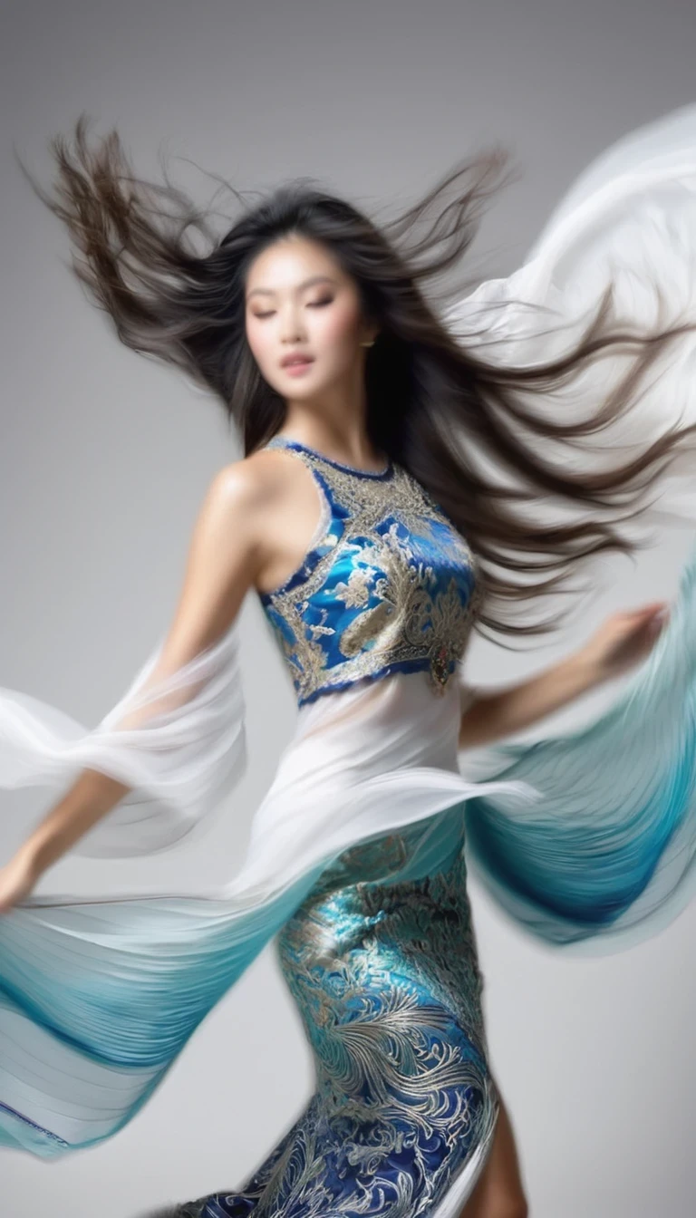 Motion bluMotion blur, black and white close up, white background, (a beautiful girl in an intricate and colorful Chinese dress is passionately beating a Chinese drum), translucent dormant air particles on the hem of the dress, professional fashion photography, super macro, unusually much long wavy hair flying wildly, super detailed textures, tilted shifts of the hands and the face, poster style, minimalist, nikon, Hasselblad, canon, fujifilm, 16K