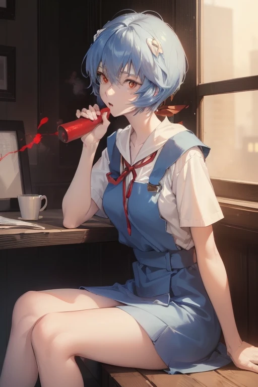 reiayanami, Rei Ayanami, Blue Hair, short hair, (Red eyes:1.5),
break blue dress, dress, neck ribbon, pinafore dress, red ribbon, ribbon, , Short sleeve, short-sleeved sweater, sweater,
break outdoors, city,
break looking at viewer, 
break (masterpiece:1.2), highest quality, High resolution, unity 8k wallpaper, (figure:0.8), (Beautiful fine details:1.6), Highly detailed face, Perfect lighting, Highly detailed CG, (Perfect hands, Perfect Anatomy),(((Sitting and giving a blowjob with her right hand))),whole body,Detailed hand,Five fingers,thin fabric costume, Sit down and,