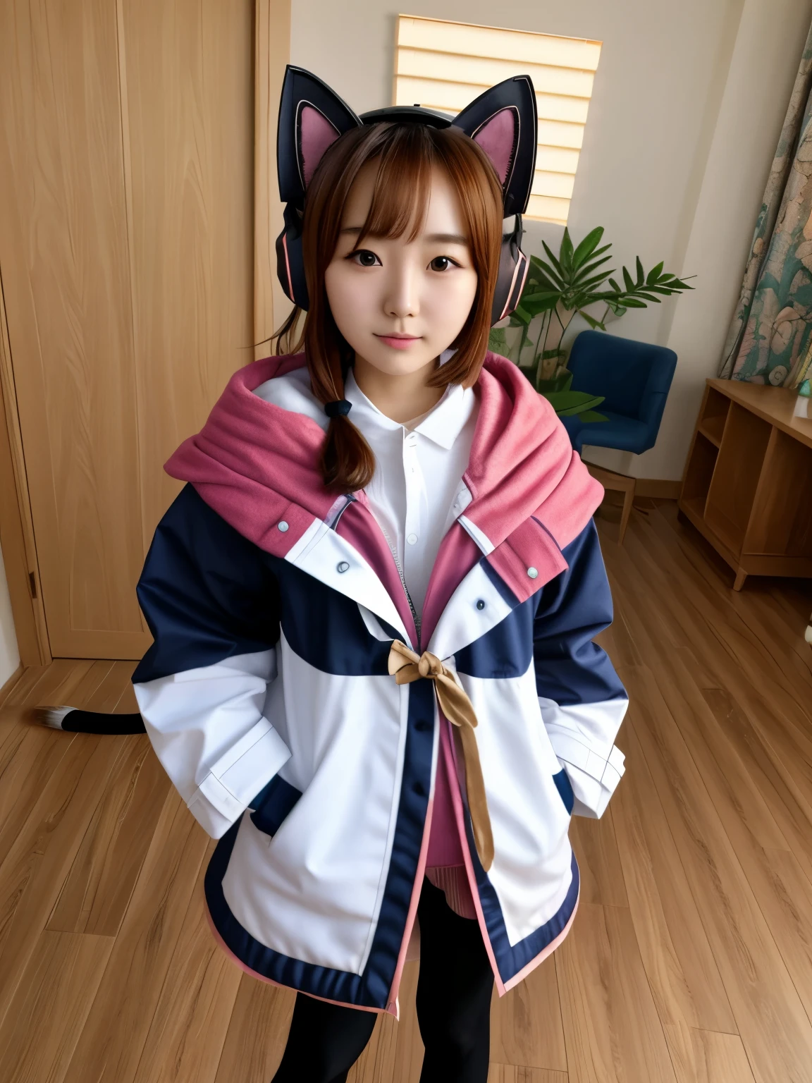 Masterpiece, hd , realistic, Korean girl,  y.o, cosplayer, best quality, momoi (blue archive), brown hair, cat headphone, wear jacket, tail, Standing, indoor 