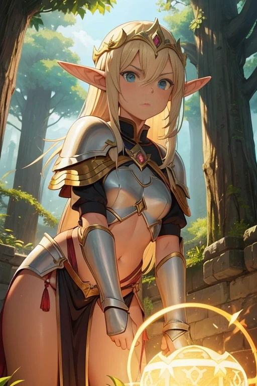 Tan skin, elf, sacred armor, glaring at viewer, Yggdrasil guardian, yggdrasil in the far background,