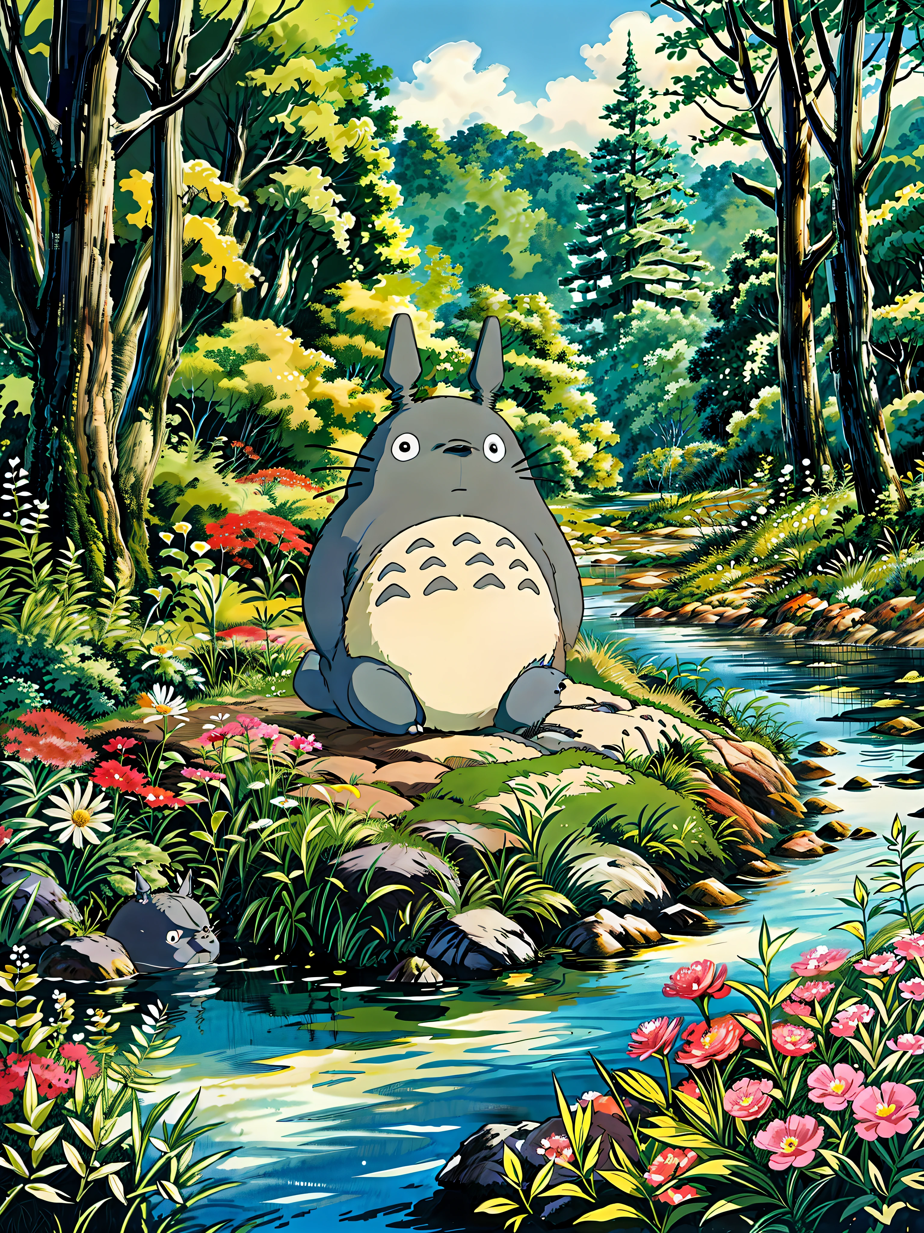a painting of a totoro sitting near the river, flowers, multicolored flowers, my neighbor totoro, totoro from my neighbor totoro, hayao miyazaki\'s movies, onstudio ghibli, ghibli studio style, of totoro, style of studio ghibli, moody :: studio ghibli, totoro sitting in a forest, studio ghibli filter, totoro, cinematic studio ghibli still