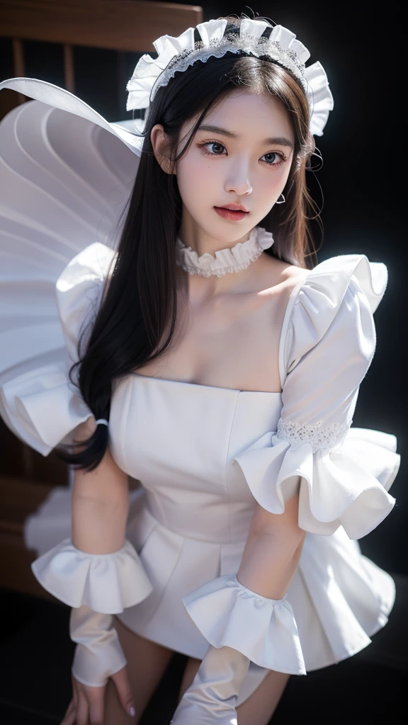 Korean,real, artistic work, Final details, photo real, Complex details, Embodiment of octane, 8k, 1 girl, Full body, Perfect face, east face, nswf, Reference, Hair details,, black Arch, black gloves, Black legs, Blue eyes, Blue hair, Arch, Clavicle, dress, Hair adhesion, Ruffles, Ruffles, gloves, Joanne, headdress, High accuracy, long hair, Parted lips, Puffy sleeves, Purple eyes, He smiles, Single, white dress, oily skin,