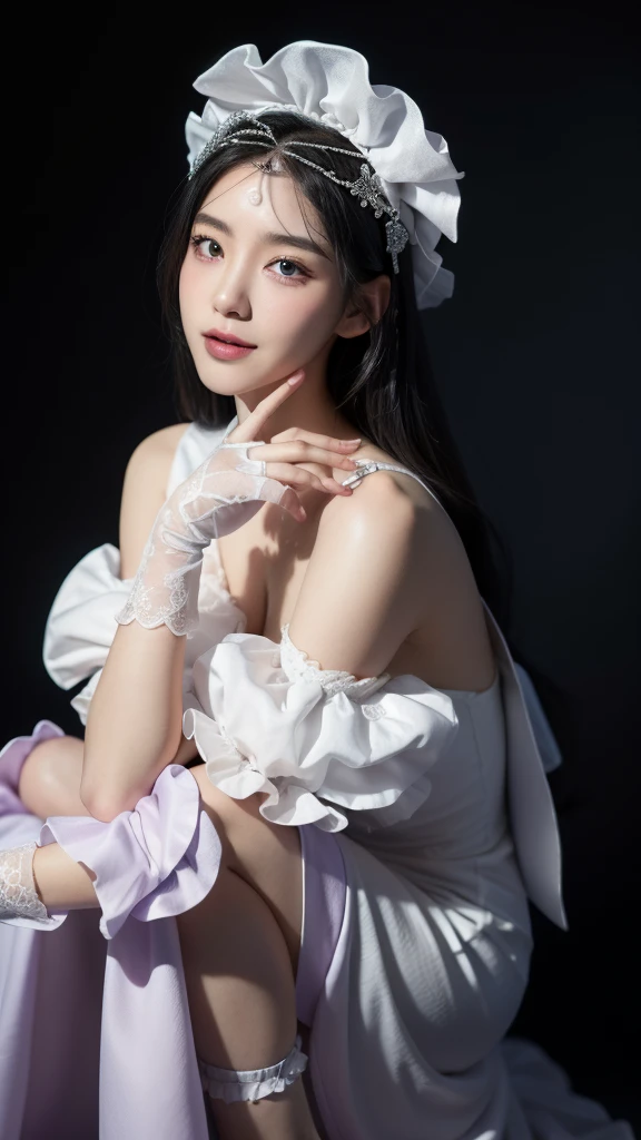 Korean,real, artistic work, Final details, photo real, Complex details, Embodiment of octane, 8k, 1 girl, Full body, Perfect face, east face, nswf, Reference, Hair details,, black Arch, black gloves, Black legs, Blue eyes, Blue hair, Arch, Clavicle, dress, Hair adhesion, Ruffles, Ruffles, gloves, Joanne, headdress, High accuracy, long hair, Parted lips, Puffy sleeves, Purple eyes, He smiles, Single, white dress, oily skin,