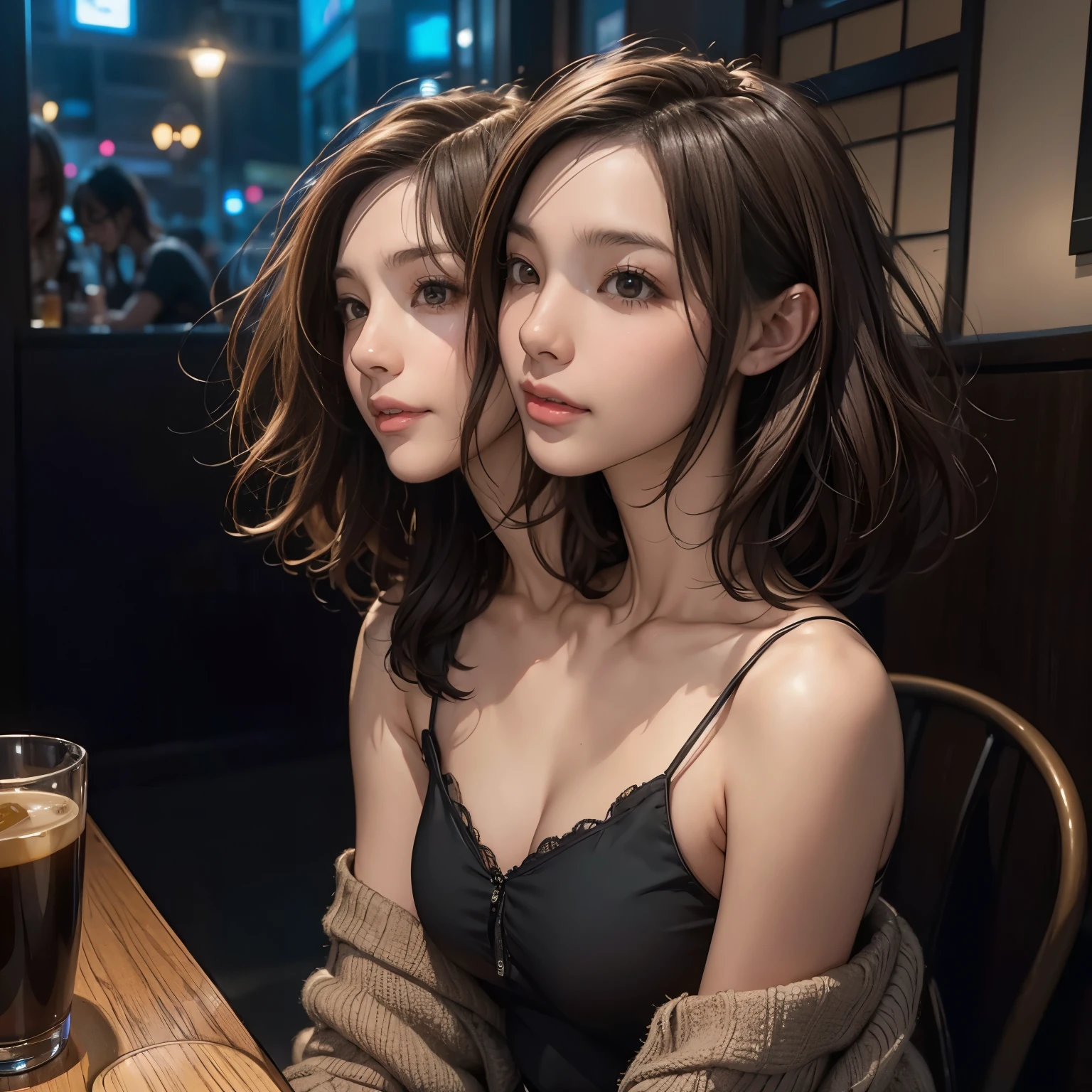 1girl, 21 years old,  couple focus ,    japanese girl,  (smile:0.7) ,  Upper body, Please think back, black boat-neck top, midriff, grinning smile, short hair, curtain bangs, brown hair , sitting at a restaurant table, night time, on a date, (high color saturation:1.0),  (highly detailed skin), (highest quality:1.0), (ultra high resolution:1.0) ,(realistic:1.0), (Super detailed:1.0), (8K, RAW photo:1.1), conjoined_dicephalus, (two heads:1.2)