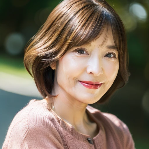 Upper Body　myself　woman　45 years old　Shortcuts、((brown hair)、short hair　beautiful hair shiny hair　Japan( sharpen ), (Purelos Face_v1:0.7), (8K, highest quality), unconscious, Open Eyes,High resolution, original, (Flat Color:0.9),(Colorful:1.1),(masterpiece:1,2), highest quality, masterpiece, High resolution, original, Viewer Perspective, alone, Portrait, Mature Woman Body Set, A slight smile,Natural wrinkles, Wrinkles around the eyes, Surreal, Natural Skin, Natural Hair Color, Bright red lips
