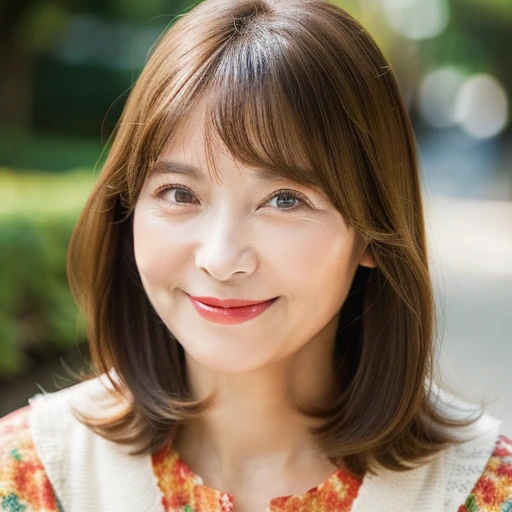Upper Body　myself　woman　45 years old　Shortcuts、((brown hair)、short hair　beautiful hair shiny hair　Japan( sharpen ), (Purelos Face_v1:0.7), (8K, highest quality), unconscious, Open Eyes,High resolution, original, (Flat Color:0.9),(Colorful:1.1),(masterpiece:1,2), highest quality, masterpiece, High resolution, original, Viewer Perspective, alone, Portrait, Mature Woman Body Set, A slight smile,Natural wrinkles, Wrinkles around the eyes, Surreal, Natural Skin, Natural Hair Color, Bright red lips