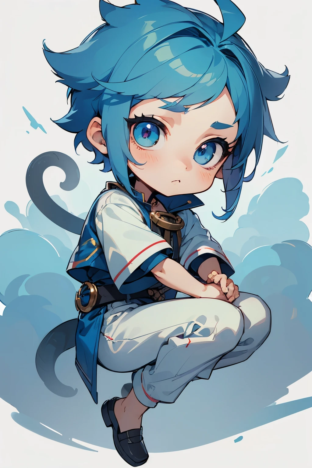 boy, full body, cartoon style, chibi style, cute, monkey tail, beautiful face, despairing face, blue color eye, beautiful eye, high detailed pupil, double eyeylid, high detailed skin, high quality skin, blue color hair, very short hair, crew cut, white clothes, masterpiece,