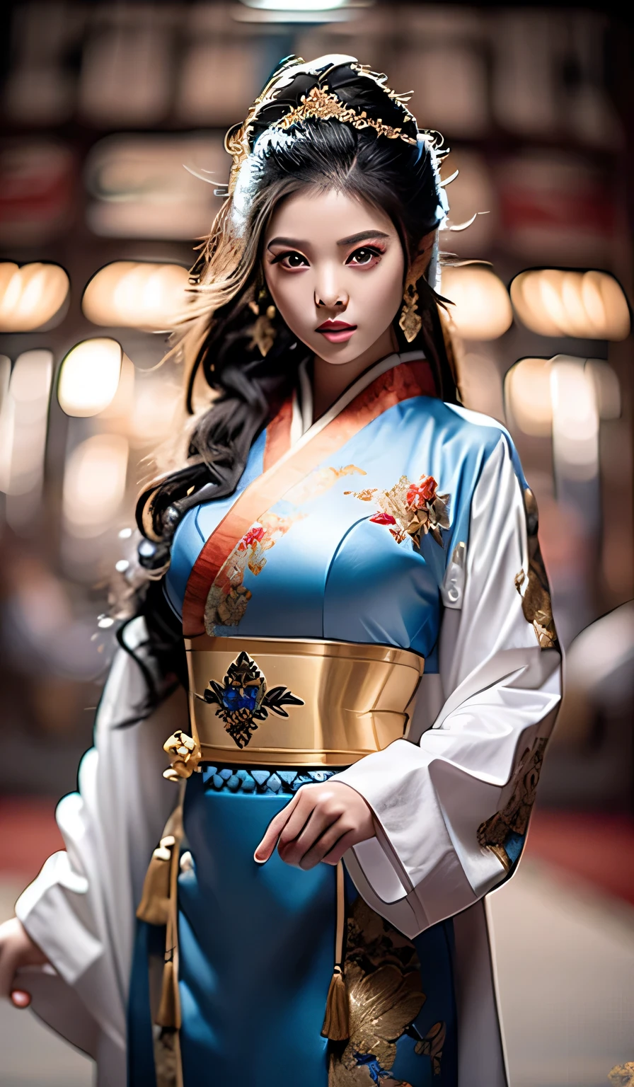 top-quality、masterpiece、hight resolution、Wuxi 1girl、Gold cheongsam、((Super beautiful face))、Super beautiful eyes、Super beautiful hair、cleavage of the breast、exposed breast、Sexy cleavage、very highly detailed breasts、