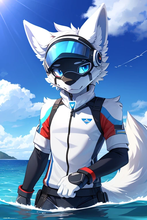 ((best quality, Masterpiece, perfect anatomy, Detailed pictures)), 1 man, arctic protogen, arctic white wolf, Long visor, blue visor, blue eyes, Big Pong, Future military clothing, fluffy tail, red red, shy, in the sea, front view
