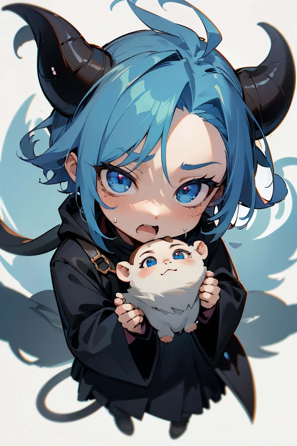 boy, full body, cartoon style, chibi style, cute, monkey tail, Demon horns from the forehead, beautiful face, cry face, blue color eye, beautiful eye, high detailed pupil, double eyeylid, high detailed skin, high quality skin, blue color hair, black clothes, masterpiece,