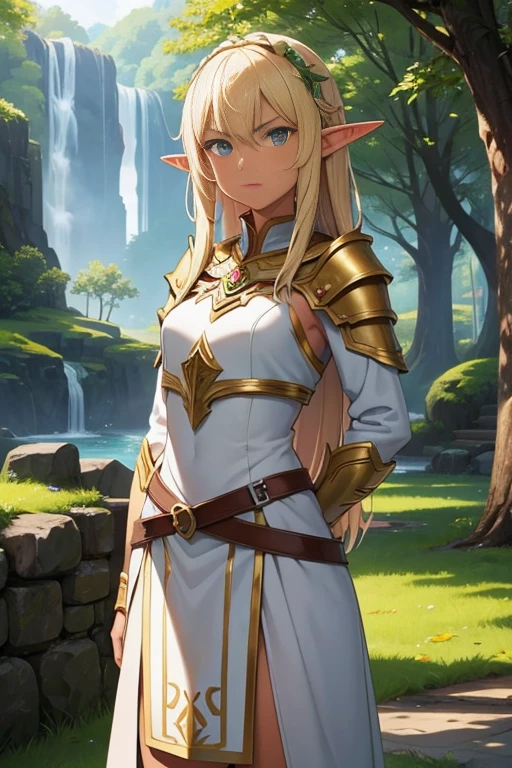 Tan skin, elf, sacred armor, glaring at viewer, Yggdrasil guardian, yggdrasil in the distance, background,