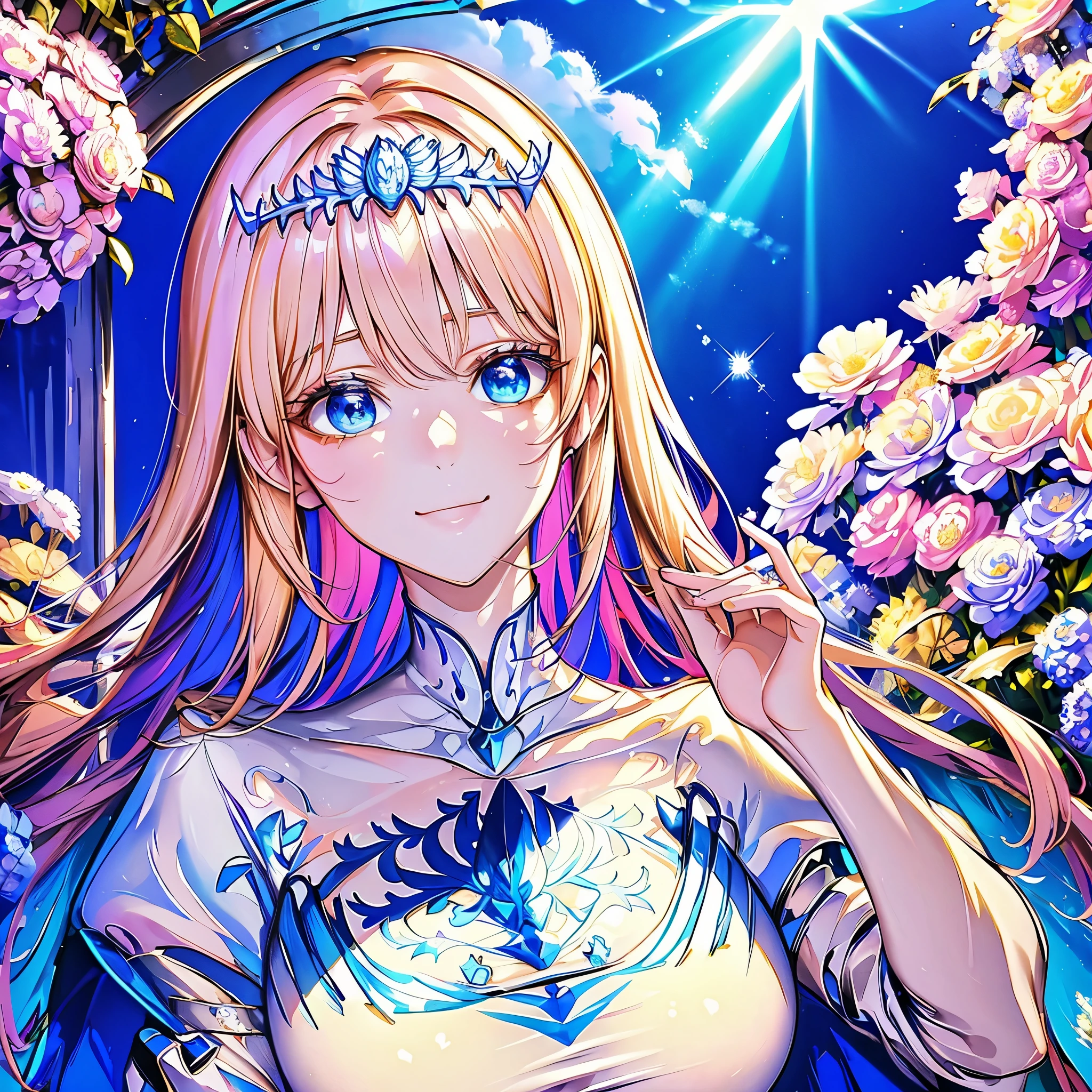 (Best Quality, Masterpiece, High Resolution), 1angel,, blue eyes, wearing tiara, ), stunning, cute, heartwarming smile, beautiful aster flower garden, gazebo, castle, mesmerizing sunlight, good proportion, detailed face, detailed accessories, symmetry, novel cover, close up, Calca, blonde hair, extremely long hair, white tiara, white dress, blue eyes, medium breasts, two angel wings, large white wings.
