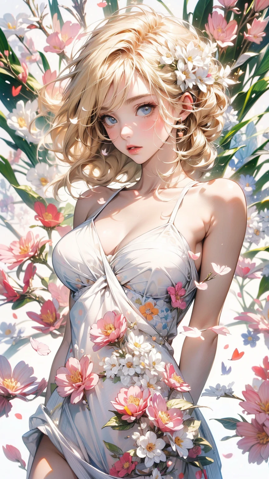 (masterpiece, High resolution, highest quality), Composition from head to thighs:1.3, Upper body focus, 20-year-old woman, Blonde Hair, Disorganized, Collage of nude and petals, abstract design, artistic juxtapositions, White background, mixed-media approach, Anime Style, simple lines, Digital Painting,